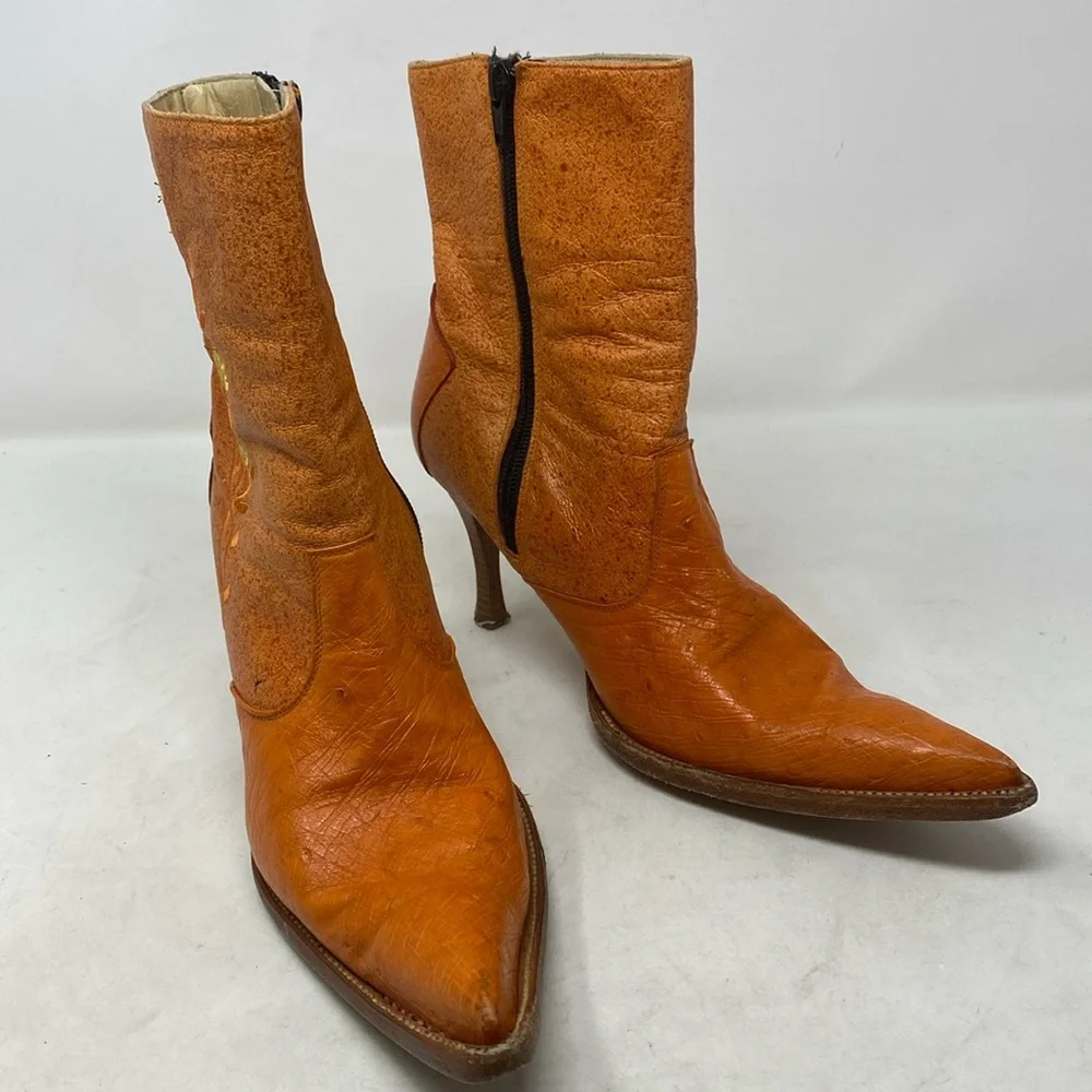 Lagarto Orange Yellow Embroidered Leather Point Toe Heeled Boots - Picture 9 of 12